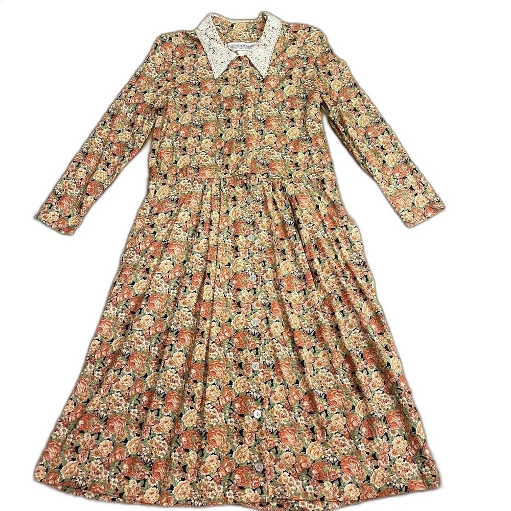 Jessica Howard Multicolor Floral Dress 10 Lace Collar Button Front Long Sleeve